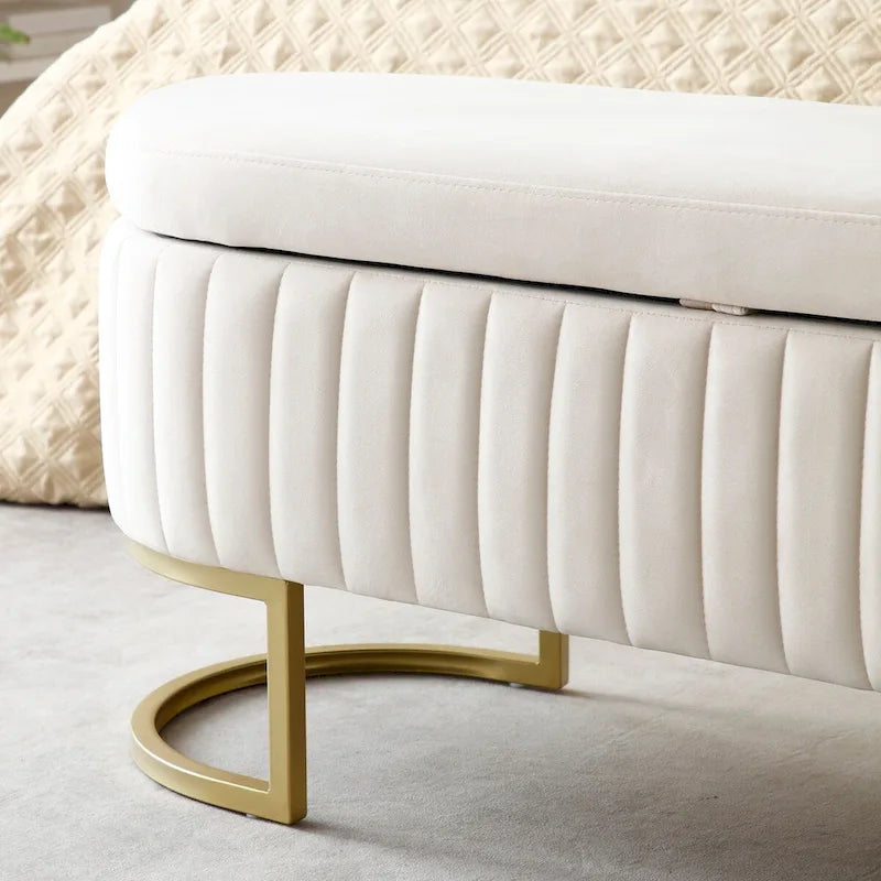 Banc de rangement pour chambre à coucher, banc capitonné ovale en velours pour bout de lit avec pieds en métal doré, banc ottoman de rangement 50