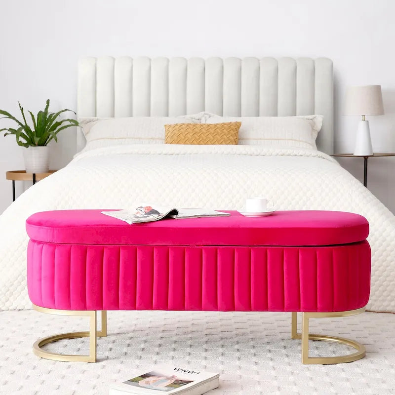Banc de rangement pour chambre à coucher, banc capitonné ovale en velours pour bout de lit avec pieds en métal doré, banc ottoman de rangement 50
