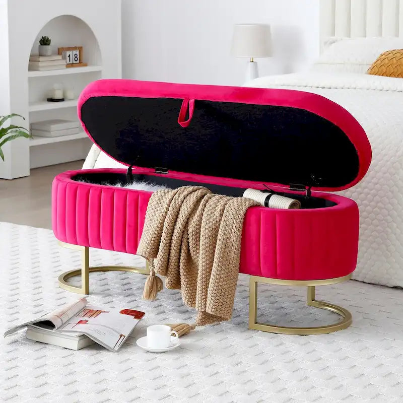 Banc de rangement pour chambre à coucher, banc capitonné ovale en velours pour bout de lit avec pieds en métal doré, banc ottoman de rangement 50