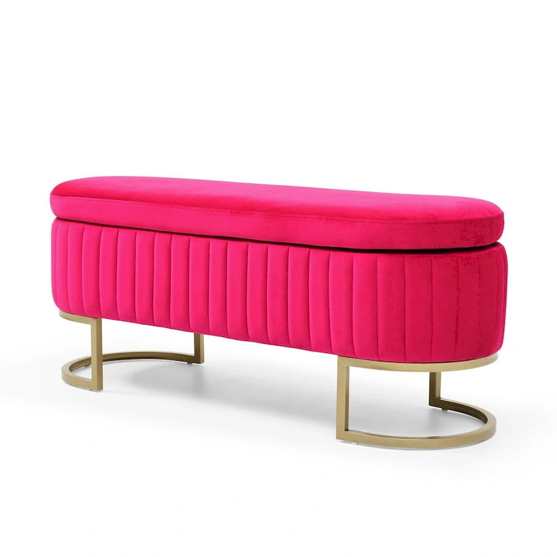 Banc de rangement pour chambre à coucher, banc capitonné ovale en velours pour bout de lit avec pieds en métal doré, banc ottoman de rangement 50