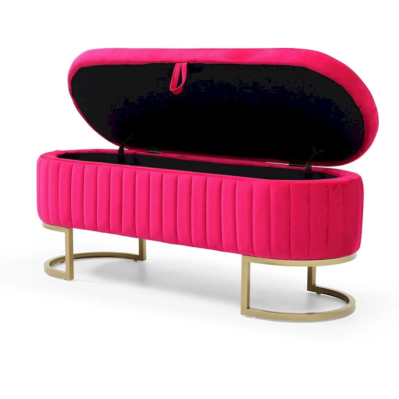 Banc de rangement pour chambre à coucher, banc capitonné ovale en velours pour bout de lit avec pieds en métal doré, banc ottoman de rangement 50