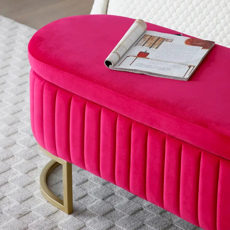 Banc de rangement pour chambre à coucher, banc capitonné ovale en velours pour bout de lit avec pieds en métal doré, banc ottoman de rangement 50