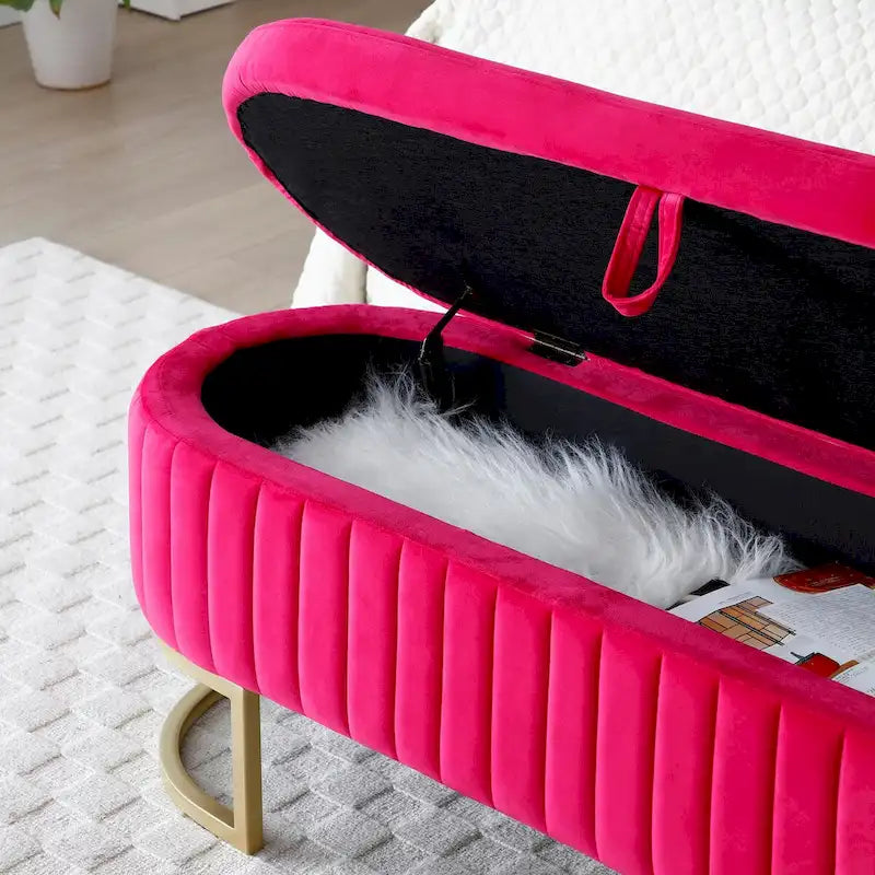 Banc de rangement pour chambre à coucher, banc capitonné ovale en velours pour bout de lit avec pieds en métal doré, banc ottoman de rangement 50