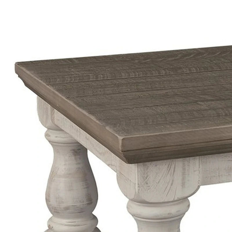 Table basse rectangulaire en bois avec piétement tréteau, marron et blanc antique