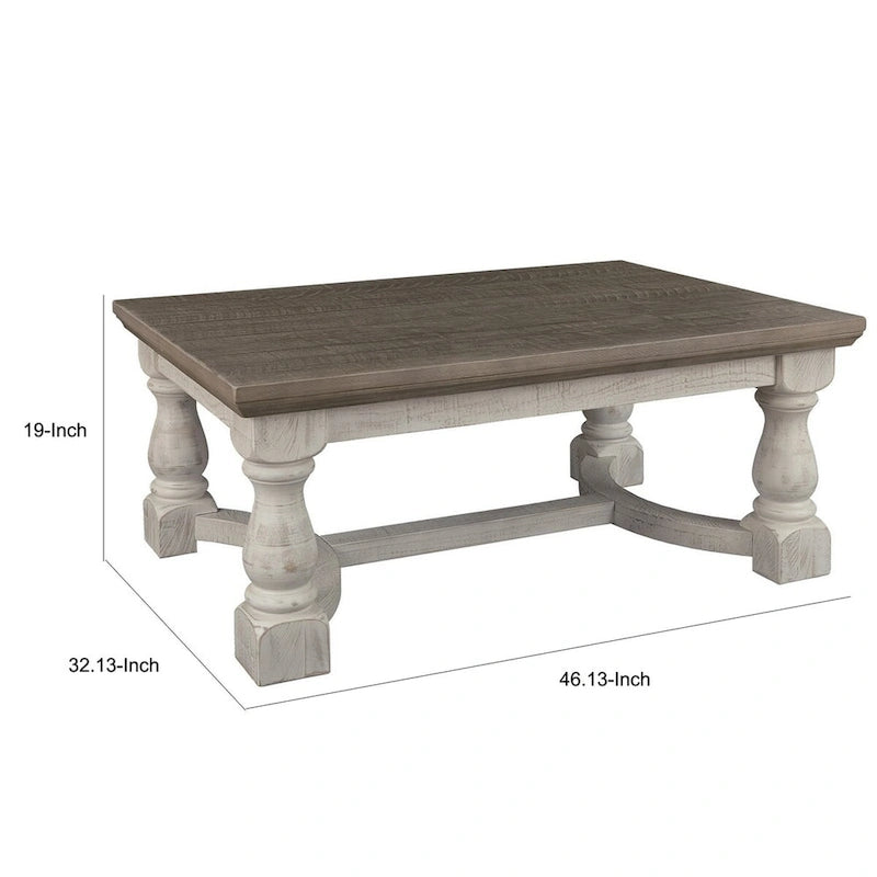 Table basse rectangulaire en bois avec piétement tréteau, marron et blanc antique