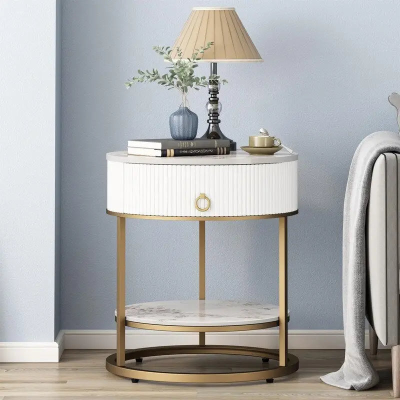 Table d'appoint ronde avec tiroir - 49,99P x 49,99L x 55,50H