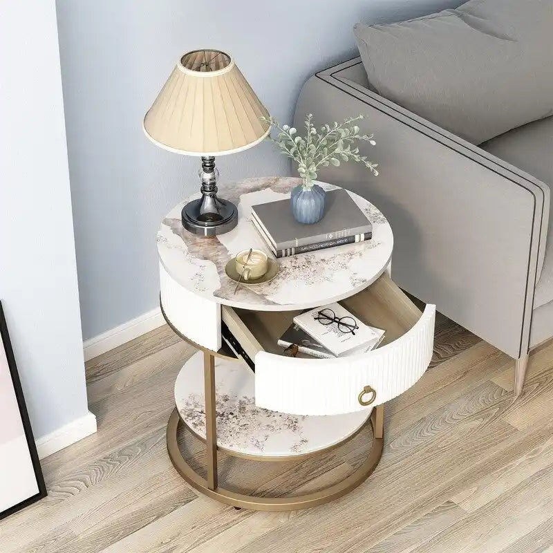 Table d'appoint ronde avec tiroir - 49,99P x 49,99L x 55,50H