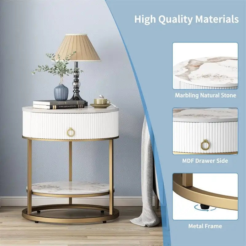 Table d'appoint ronde avec tiroir - 49,99P x 49,99L x 55,50H