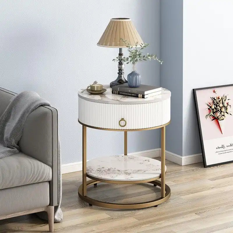 Table d'appoint ronde avec tiroir - 49,99P x 49,99L x 55,50H