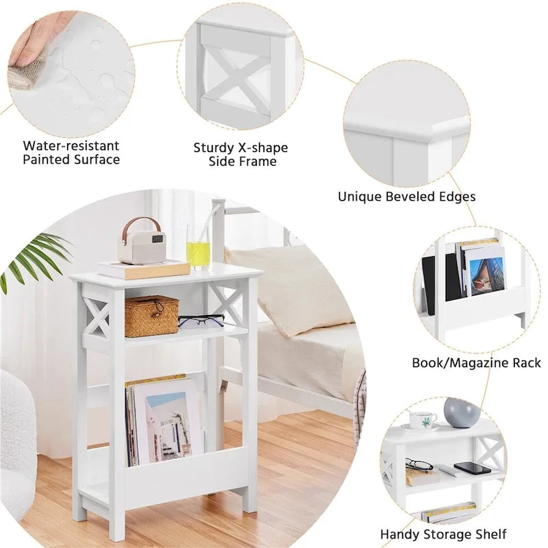 Yaheetech Table d'appoint de canapé moderne avec étagère de rangement, table d'appoint fine à 3 niveaux, blanche