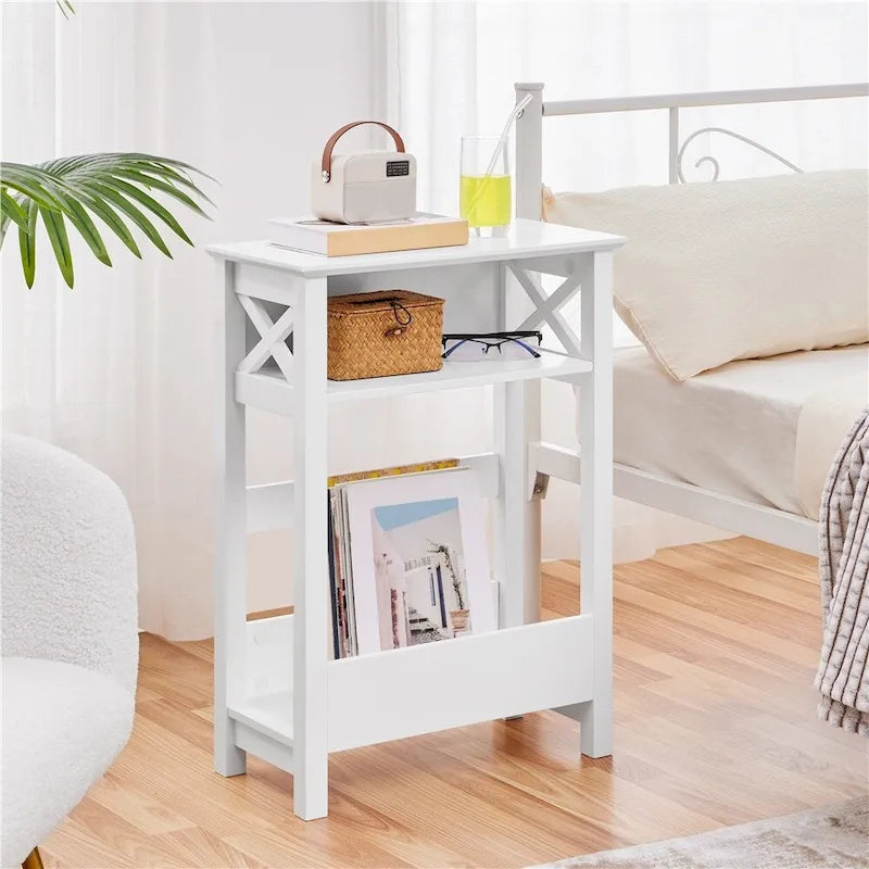 Yaheetech Table d'appoint de canapé moderne avec étagère de rangement, table d'appoint fine à 3 niveaux, blanche