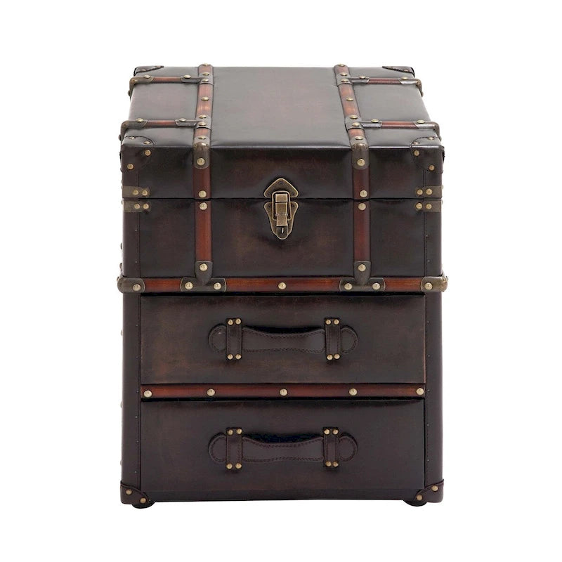 Armoire à 2 tiroirs ou table d'appoint en tissu de lin ou en similicuir avec couvercle articulé à boucle - Marron foncé ou bleu - Roche River Decor