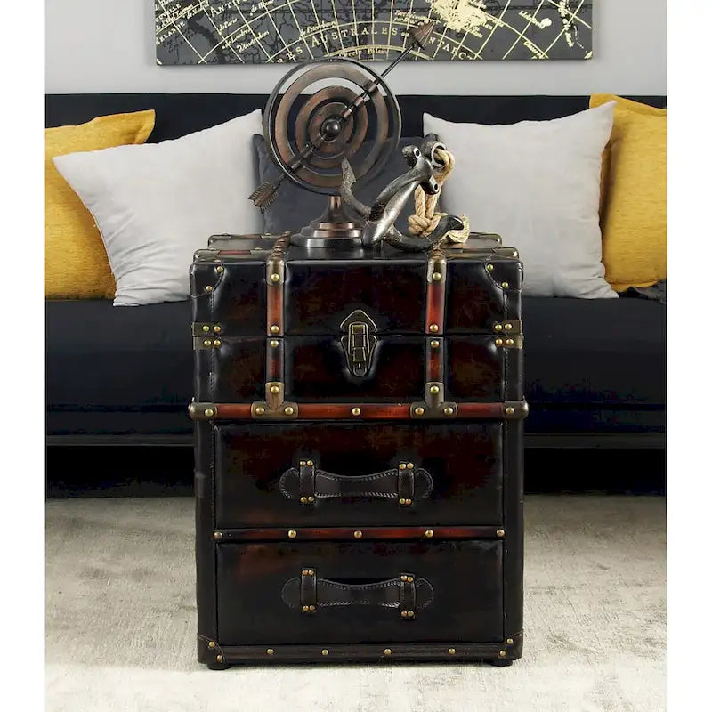 Armoire à 2 tiroirs ou table d'appoint en tissu de lin ou en similicuir avec couvercle articulé à boucle - Marron foncé ou bleu - Roche River Decor