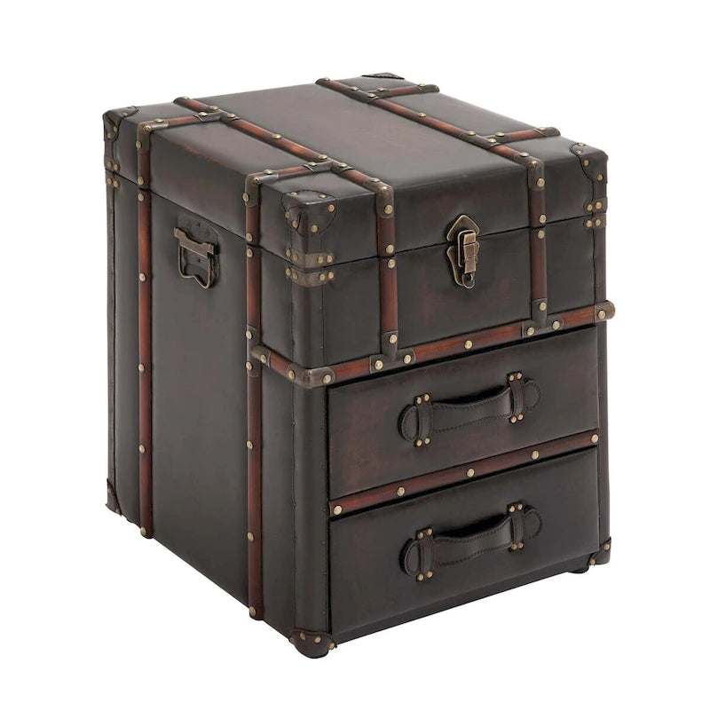 Armoire à 2 tiroirs ou table d'appoint en tissu de lin ou en similicuir avec couvercle articulé à boucle - Marron foncé ou bleu - Roche River Decor
