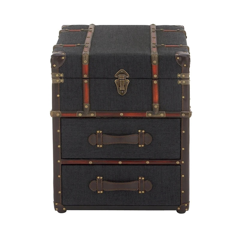 Armoire à 2 tiroirs ou table d'appoint en tissu de lin ou en similicuir avec couvercle articulé à boucle - Marron foncé ou bleu - Roche River Decor