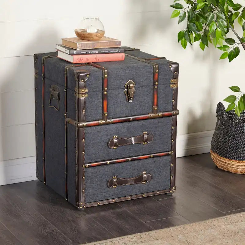 Armoire à 2 tiroirs ou table d'appoint en tissu de lin ou en similicuir avec couvercle articulé à boucle - Marron foncé ou bleu - Roche River Decor