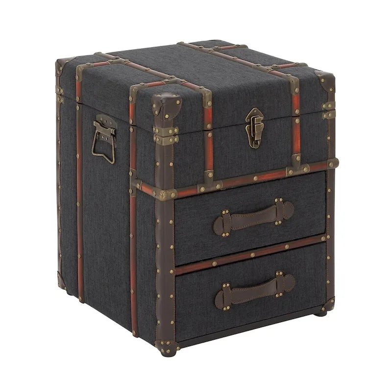 Armoire à 2 tiroirs ou table d'appoint en tissu de lin ou en similicuir avec couvercle articulé à boucle - Marron foncé ou bleu - Roche River Decor