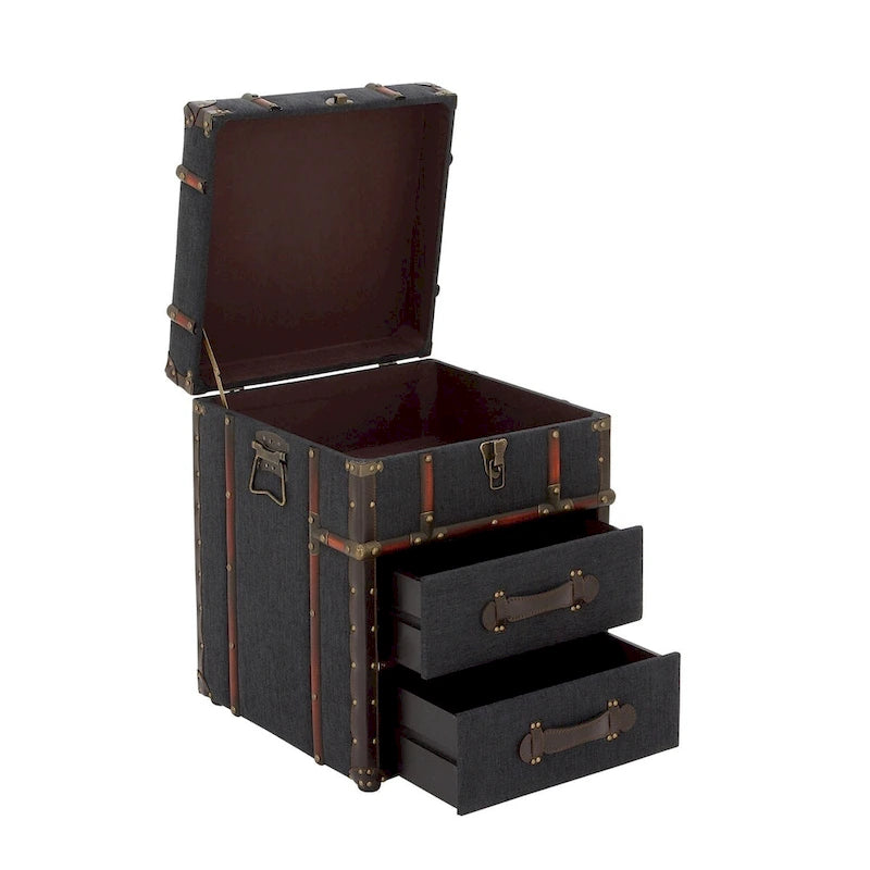 Armoire à 2 tiroirs ou table d'appoint en tissu de lin ou en similicuir avec couvercle articulé à boucle - Marron foncé ou bleu - Roche River Decor