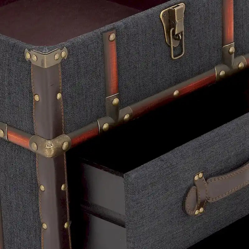 Armoire à 2 tiroirs ou table d'appoint en tissu de lin ou en similicuir avec couvercle articulé à boucle - Marron foncé ou bleu - Roche River Decor