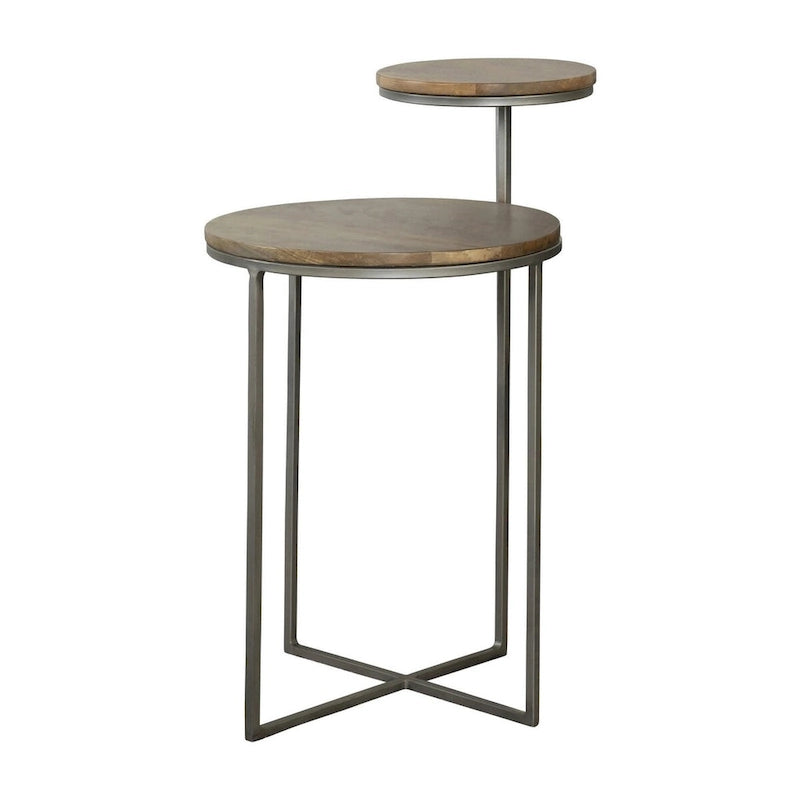 Table d'appoint ronde moderne de 29 pouces, plateaux en bois marron à 2 niveaux, base en métal gris