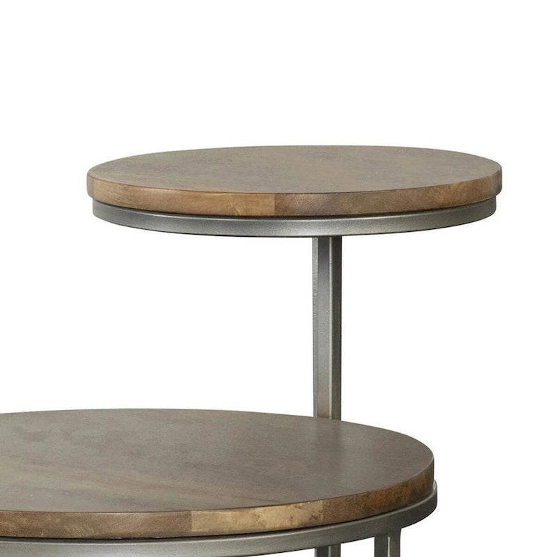 Table d'appoint ronde moderne de 29 pouces, plateaux en bois marron à 2 niveaux, base en métal gris