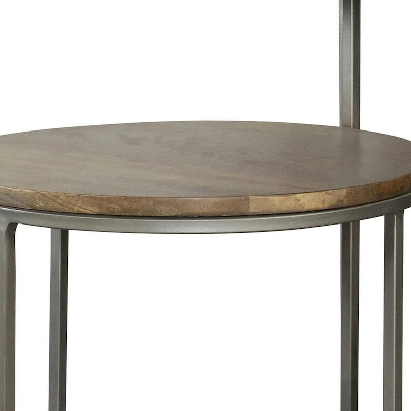 Table d'appoint ronde moderne de 29 pouces, plateaux en bois marron à 2 niveaux, base en métal gris