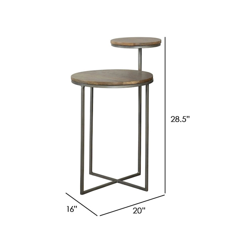Table d'appoint ronde moderne de 29 pouces, plateaux en bois marron à 2 niveaux, base en métal gris