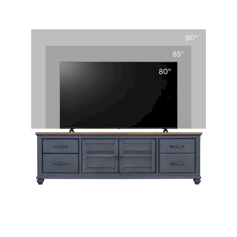 Meuble TV Bridgevine Home Americana 84 po pour téléviseurs jusqu'à 90 po, aucun assemblage requis, fini bleu velours côtelé