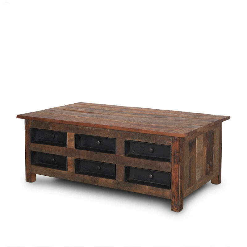 Table basse Wilton en bois brun avec 12 tiroirs en métal noir