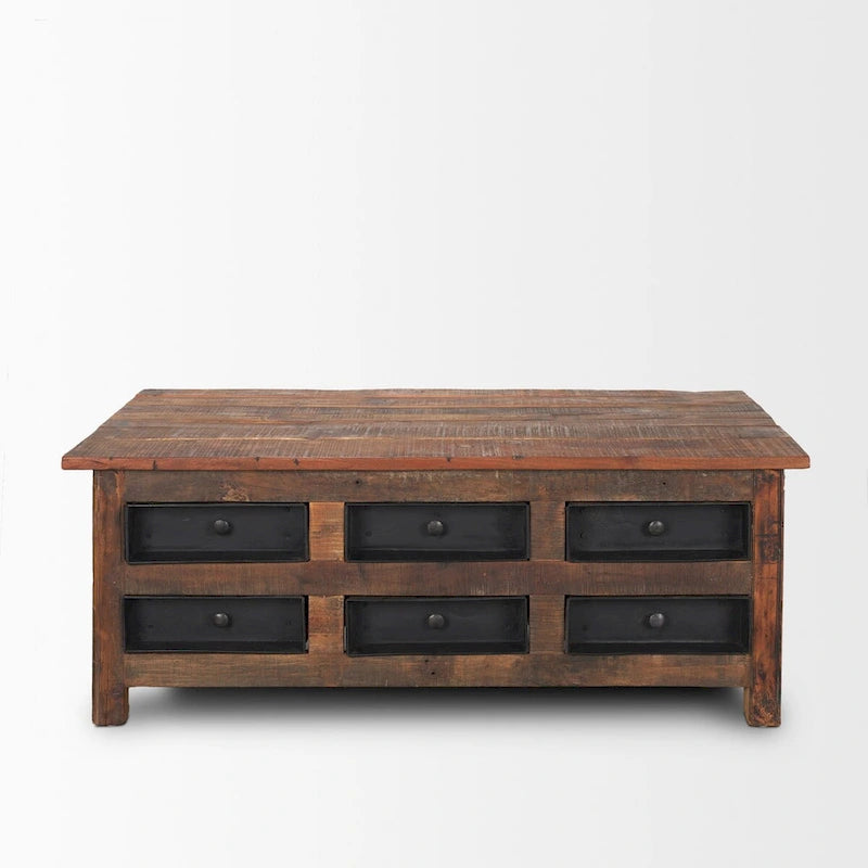 Table basse Wilton en bois brun avec 12 tiroirs en métal noir
