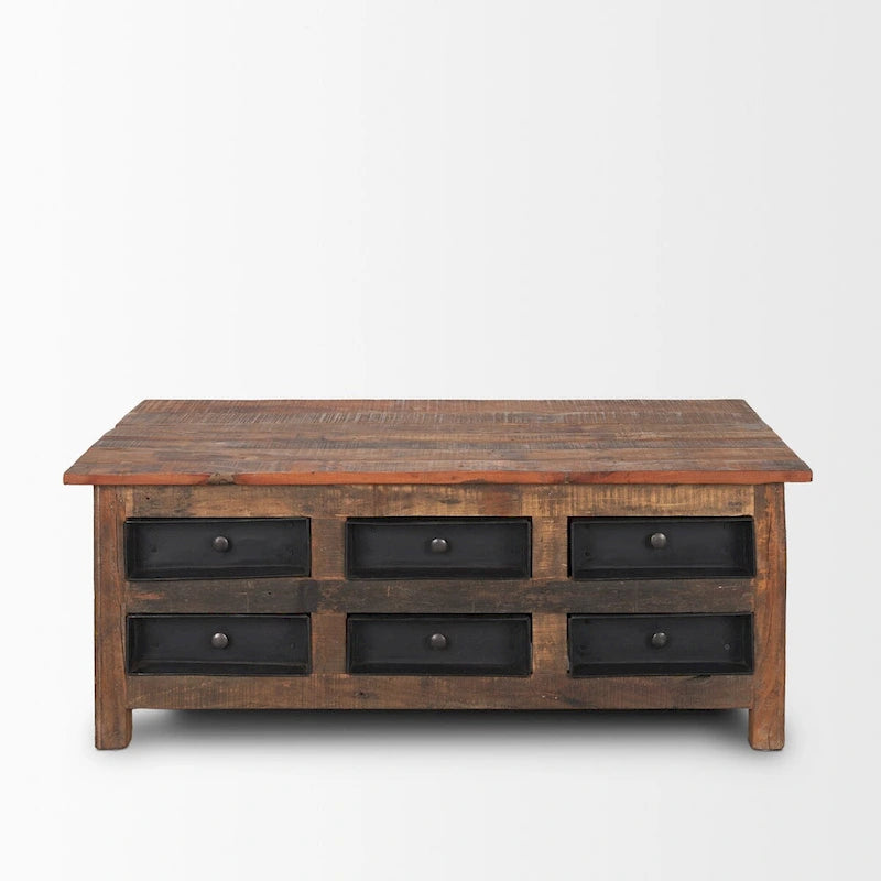 Table basse Wilton en bois brun avec 12 tiroirs en métal noir