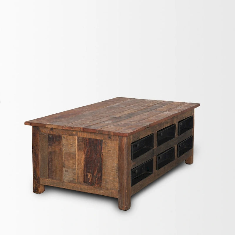 Table basse Wilton en bois brun avec 12 tiroirs en métal noir