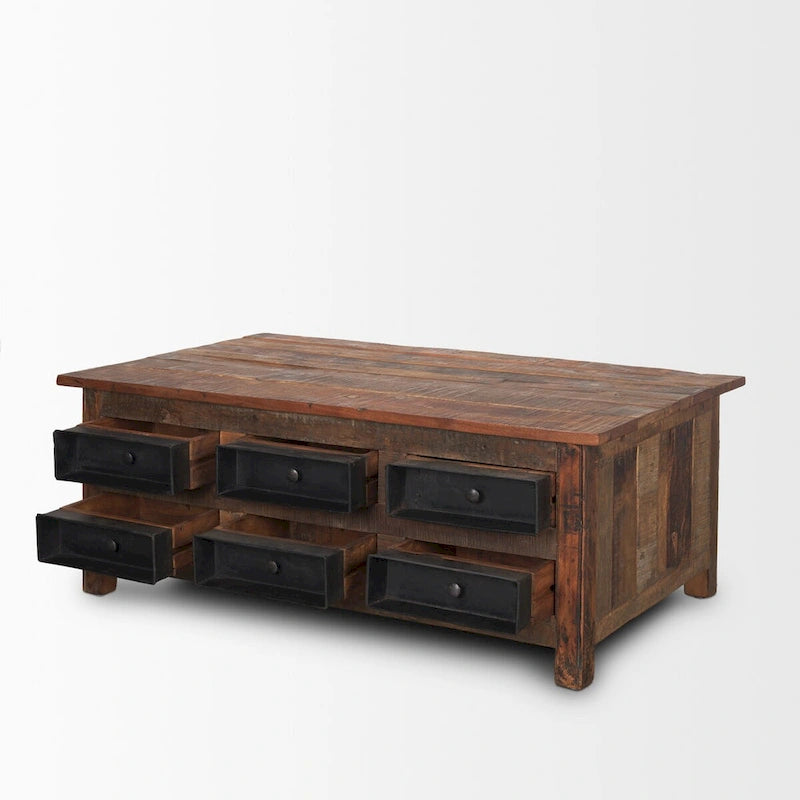 Table basse Wilton en bois brun avec 12 tiroirs en métal noir