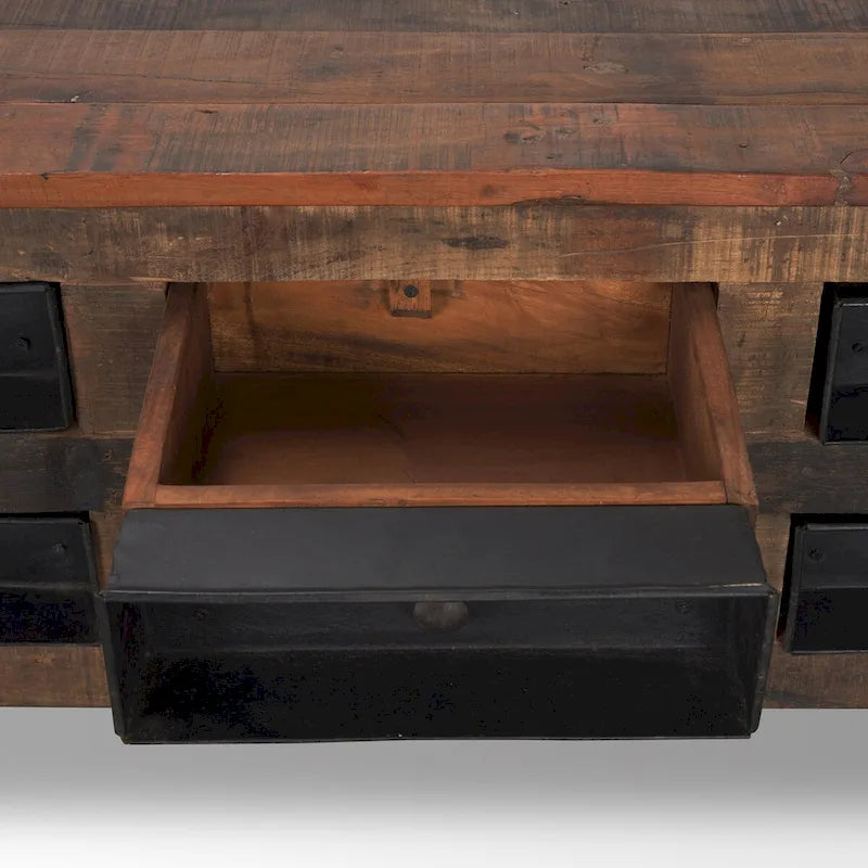 Table basse Wilton en bois brun avec 12 tiroirs en métal noir