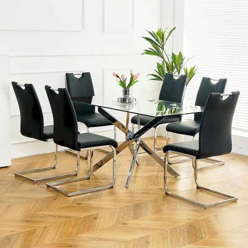 Lot de 6 chaises de salle à manger avec assise rembourrée en similicuir, revêtues de pieds en métal chromé