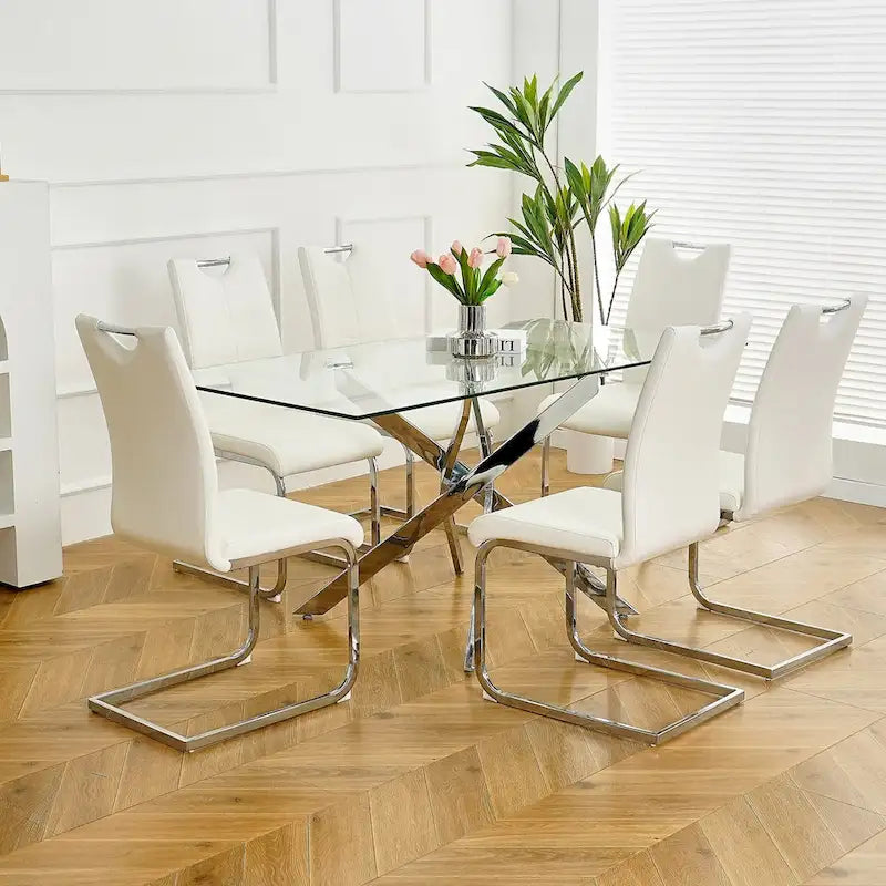 Lot de 6 chaises de salle à manger avec assise rembourrée en similicuir, revêtues de pieds en métal chromé
