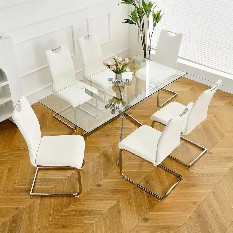 Lot de 6 chaises de salle à manger avec assise rembourrée en similicuir, revêtues de pieds en métal chromé