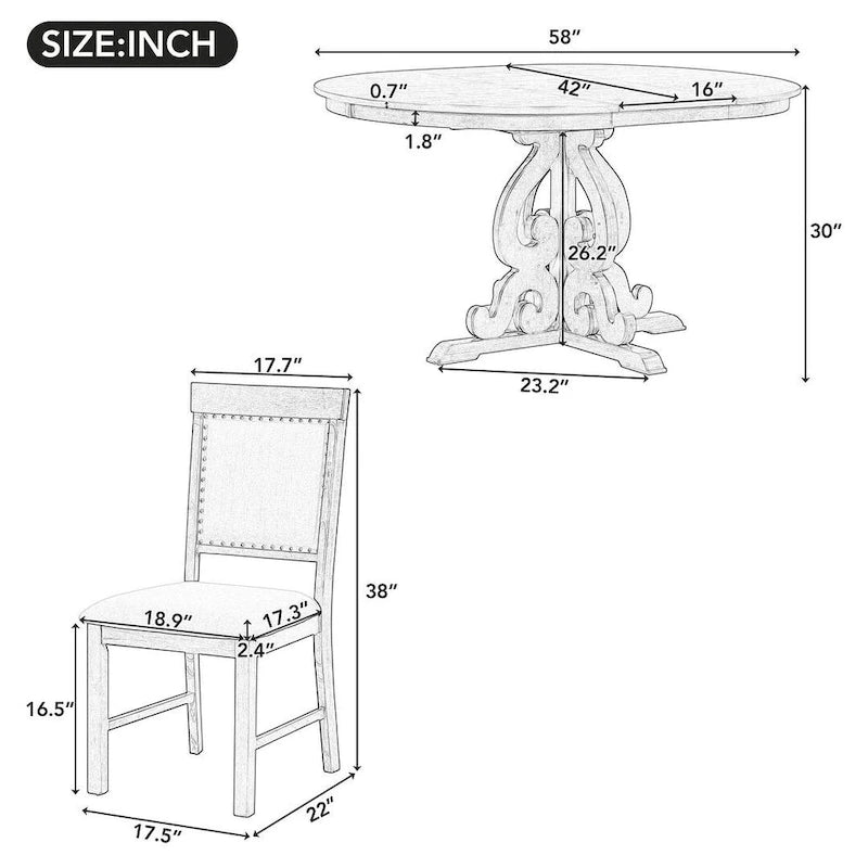 Ensemble de salle à manger extensible traditionnel 58 avec 4 chaises rembourrées