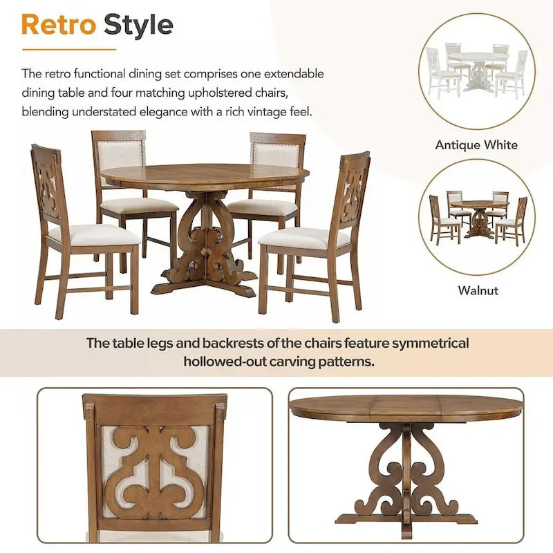 Ensemble de salle à manger extensible traditionnel 58 avec 4 chaises rembourrées