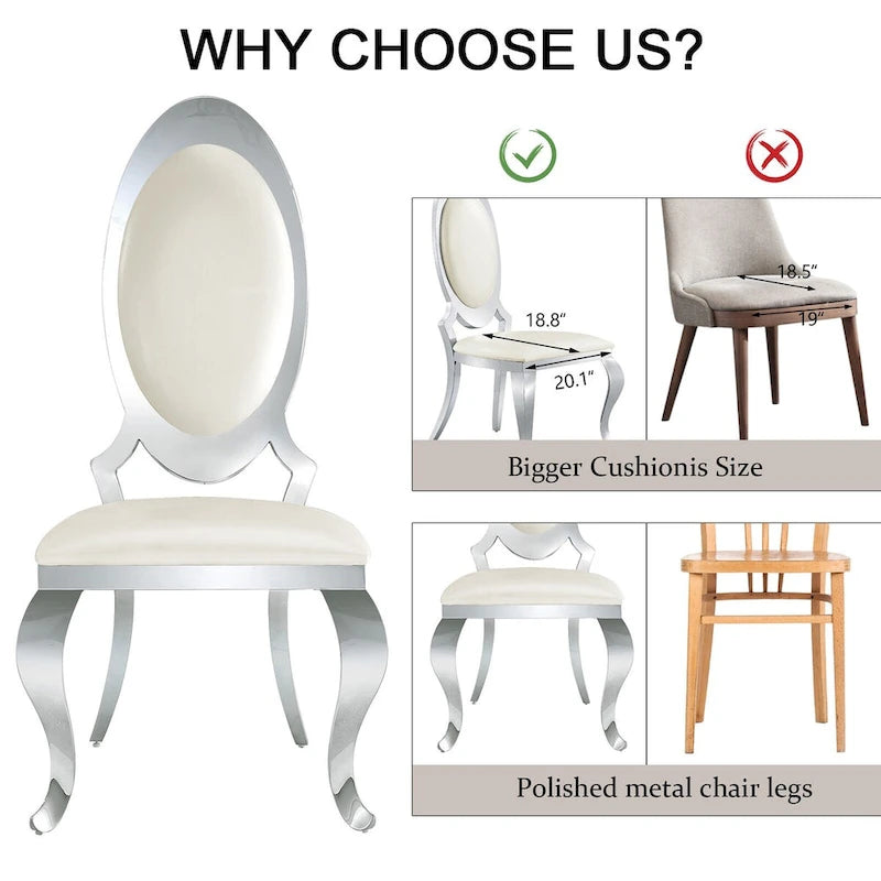 Chaises de salle à manger de luxe en cuir PU blanc avec pieds cabrioles argentés effet miroir