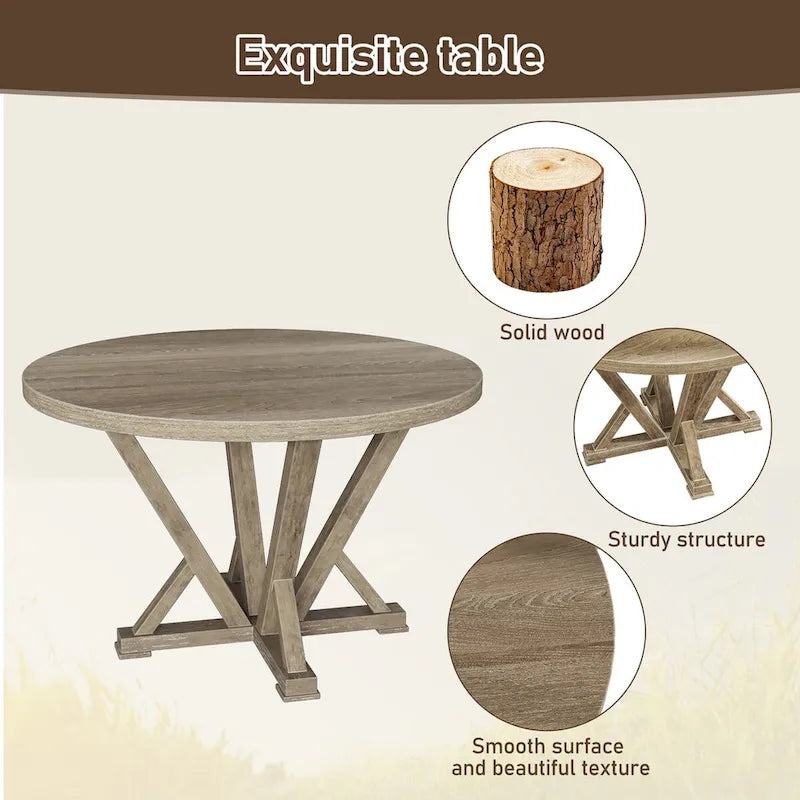 Ensemble de salle à manger 5 pièces, table ronde en bois massif, style rustique de ferme moderne, aspect vieilli