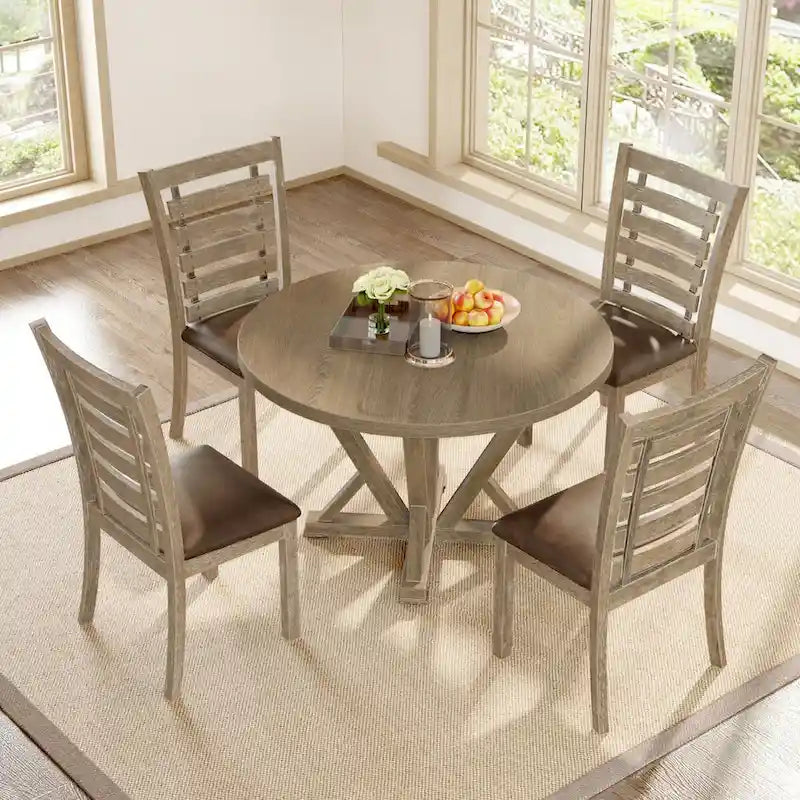 Ensemble de salle à manger 5 pièces, table ronde en bois massif, style rustique de ferme moderne, aspect vieilli