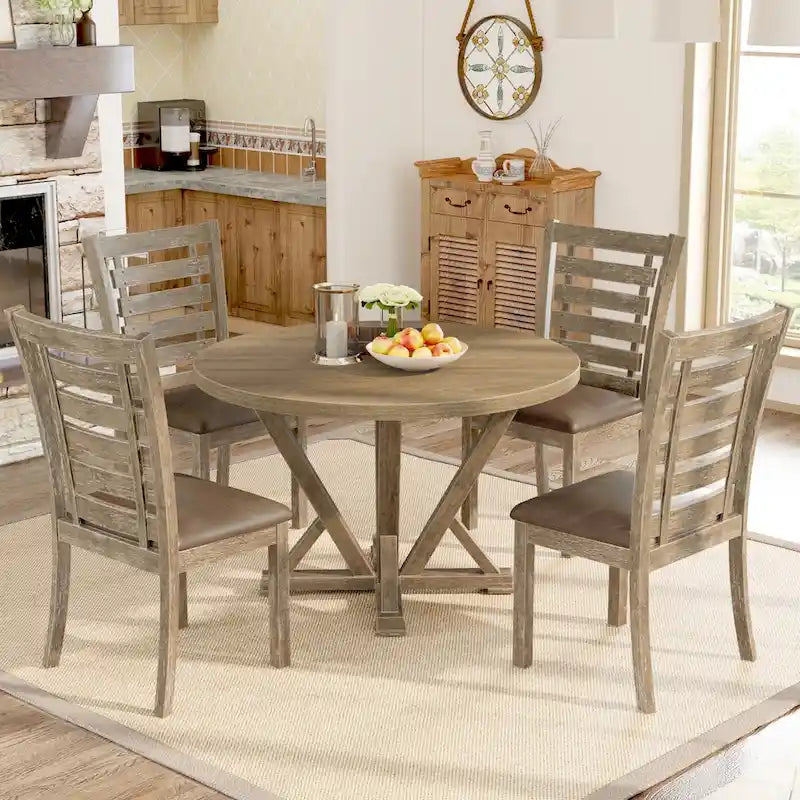 Ensemble de salle à manger 5 pièces, table ronde en bois massif, style rustique de ferme moderne, aspect vieilli