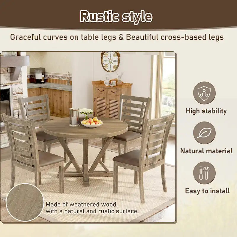 Ensemble de salle à manger 5 pièces, table ronde en bois massif, style rustique de ferme moderne, aspect vieilli
