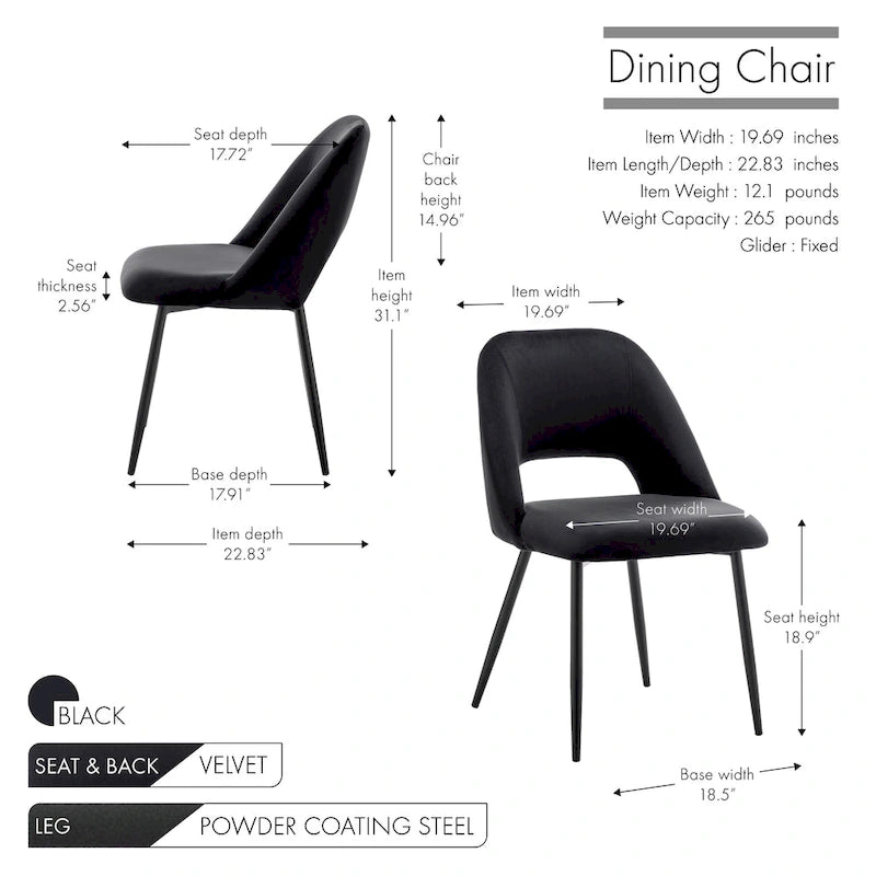 Chaises de salle à manger Porthos Home Orde en velours avec pieds en acier, lot de 2