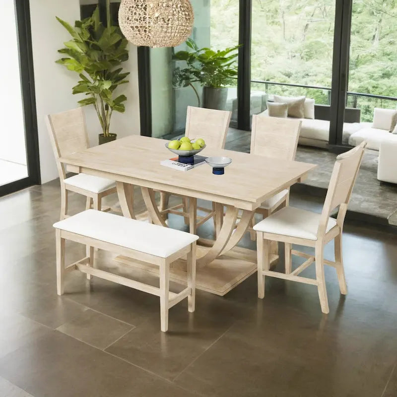 Ensemble de salle à manger 6 pièces demi-rond en bois avec longue banquette et 4 chaises de salle à manger, style moderne