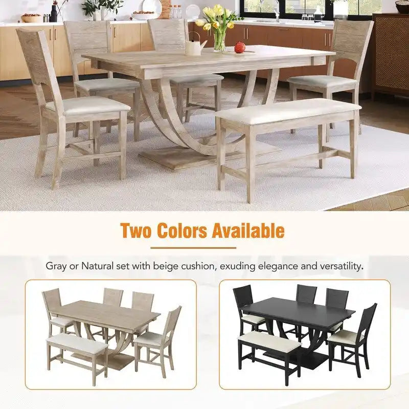 Ensemble de salle à manger 6 pièces demi-rond en bois avec longue banquette et 4 chaises de salle à manger, style moderne
