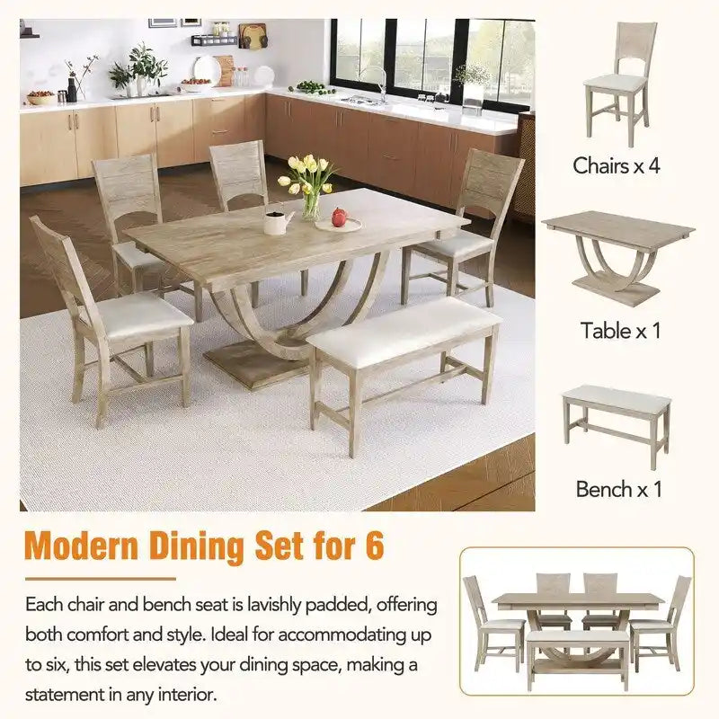 Ensemble de salle à manger 6 pièces demi-rond en bois avec longue banquette et 4 chaises de salle à manger, style moderne