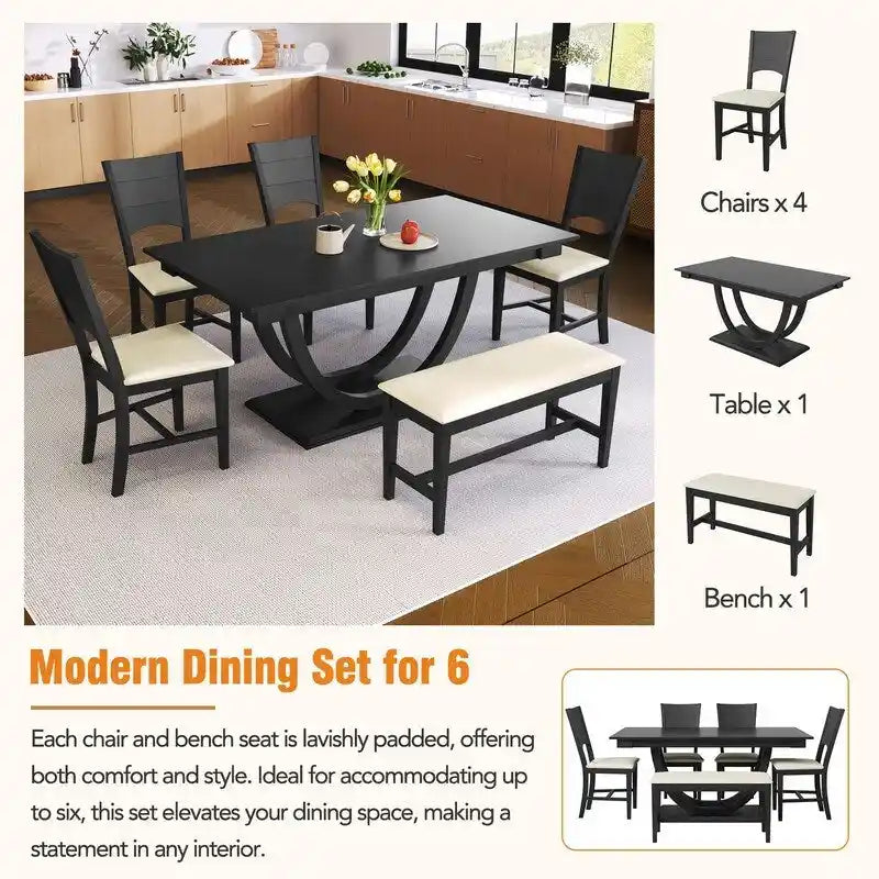 Ensemble de salle à manger 6 pièces demi-rond en bois avec longue banquette et 4 chaises de salle à manger, style moderne