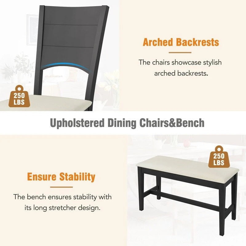 Ensemble de salle à manger 6 pièces demi-rond en bois avec longue banquette et 4 chaises de salle à manger, style moderne